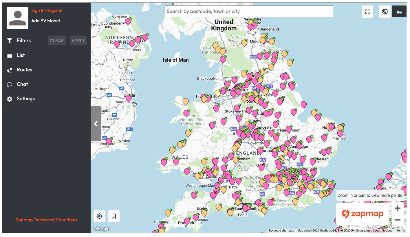 Visual map from zap-map to help fine charging stations.