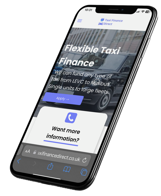 A cell phone is displaying a website for flexible taxi finance.