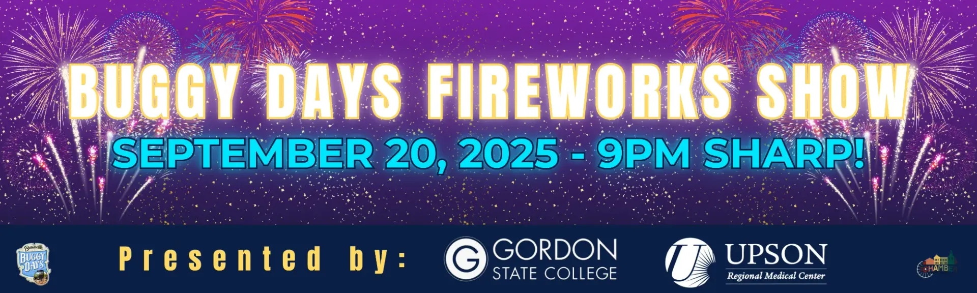 Buggy Days Fireworks Show poster, September 20, 2025 at 9 PM, with sponsor logos on a purple background