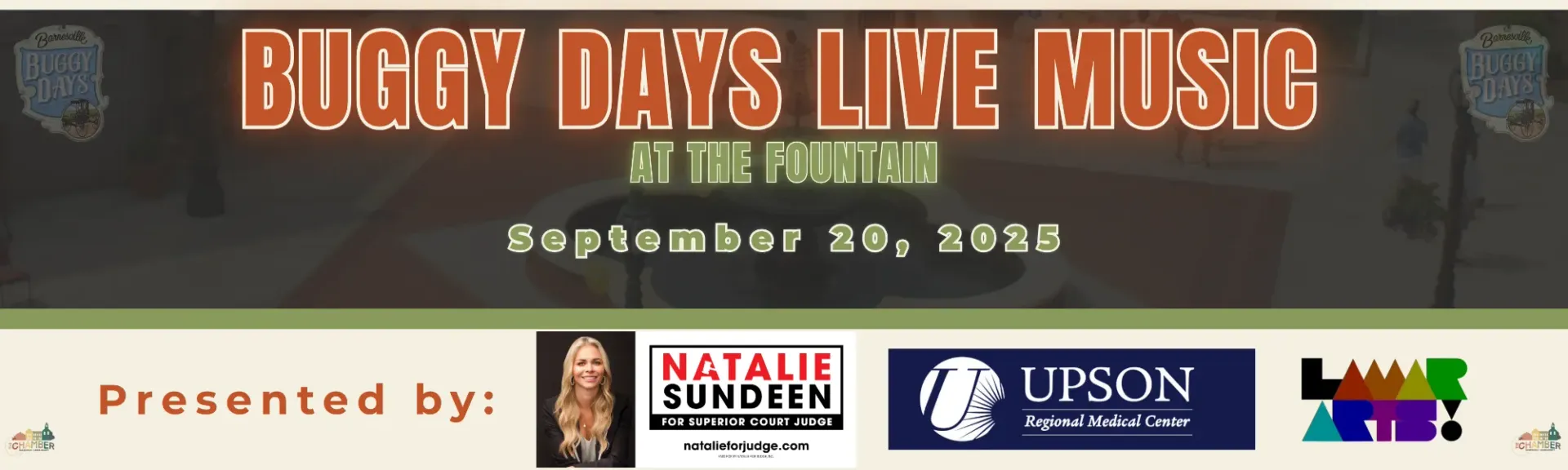 Banner for “Buggy Days Live Music” with sponsor logos and “Presented by” text on a black background