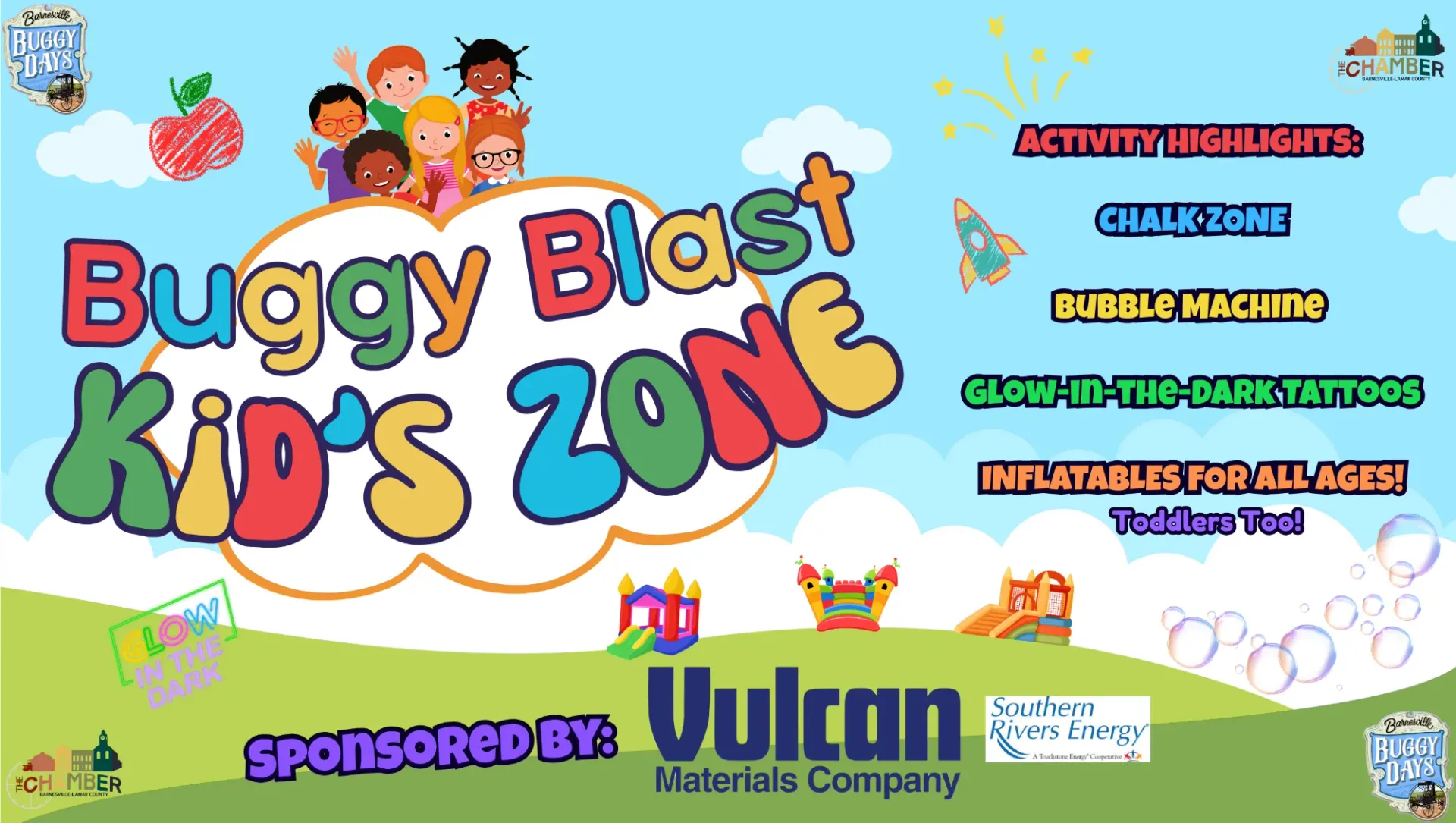 Colorful “Buggy Blast Kid’s Zone” event banner with cartoon kids, grass, clouds, and sponsor logos