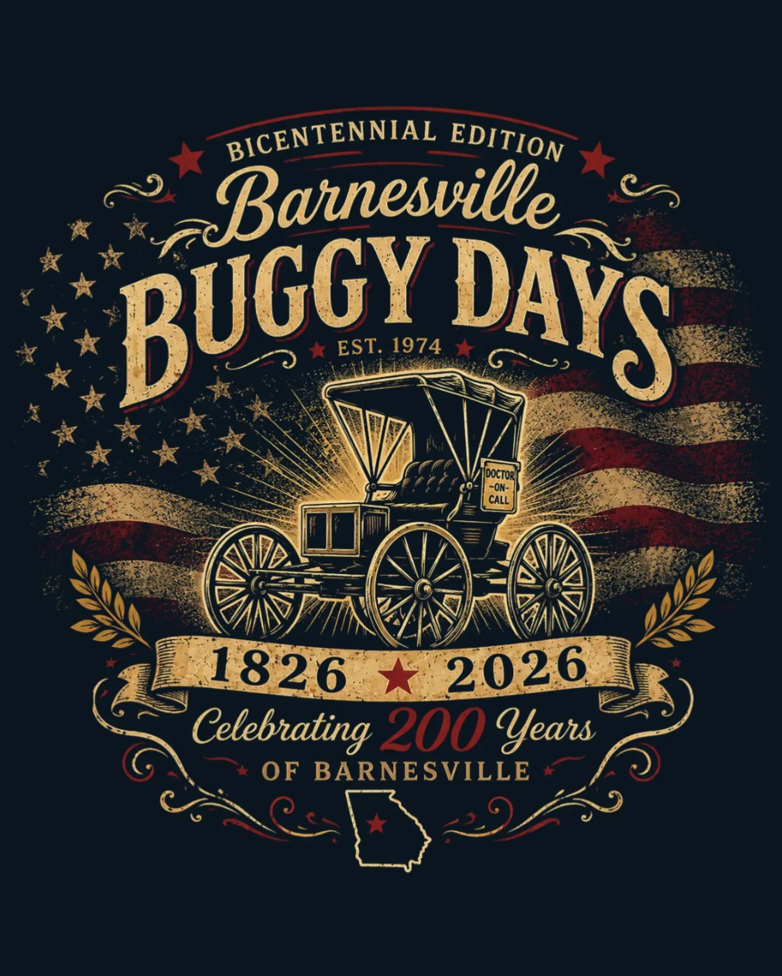Barnesville Buggy Days bicentennial logo with horse-drawn buggy, 1826–2026, gold on dark background