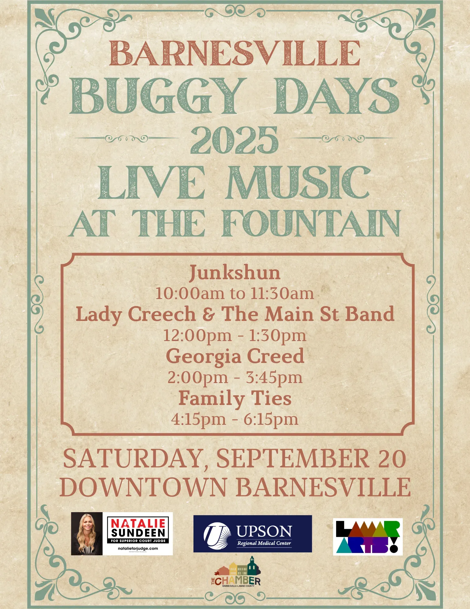 Barnesville Buggy Days 2025 live music at the fountain, Saturday Sept. 20 downtown Barnesville poster