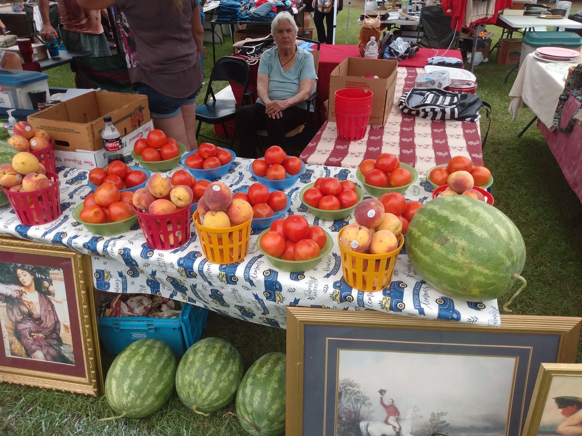 Market stall with baskets of tomatoes and watermelons on checkered tablecloths, with framed pictures below