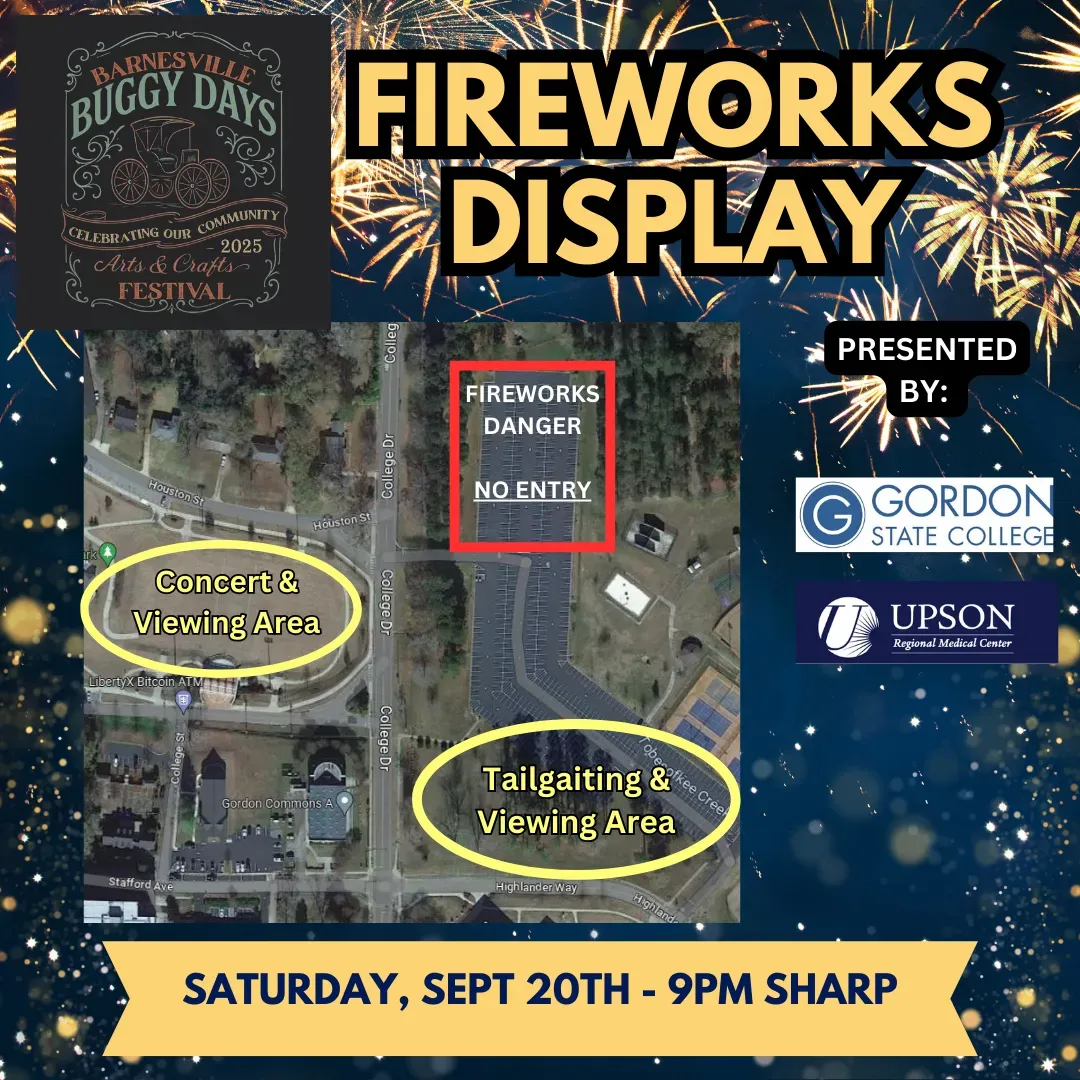 Fireworks display poster with map of parking, entry, and tailgating viewing areas, Saturday Sept. 20 at 9 PM