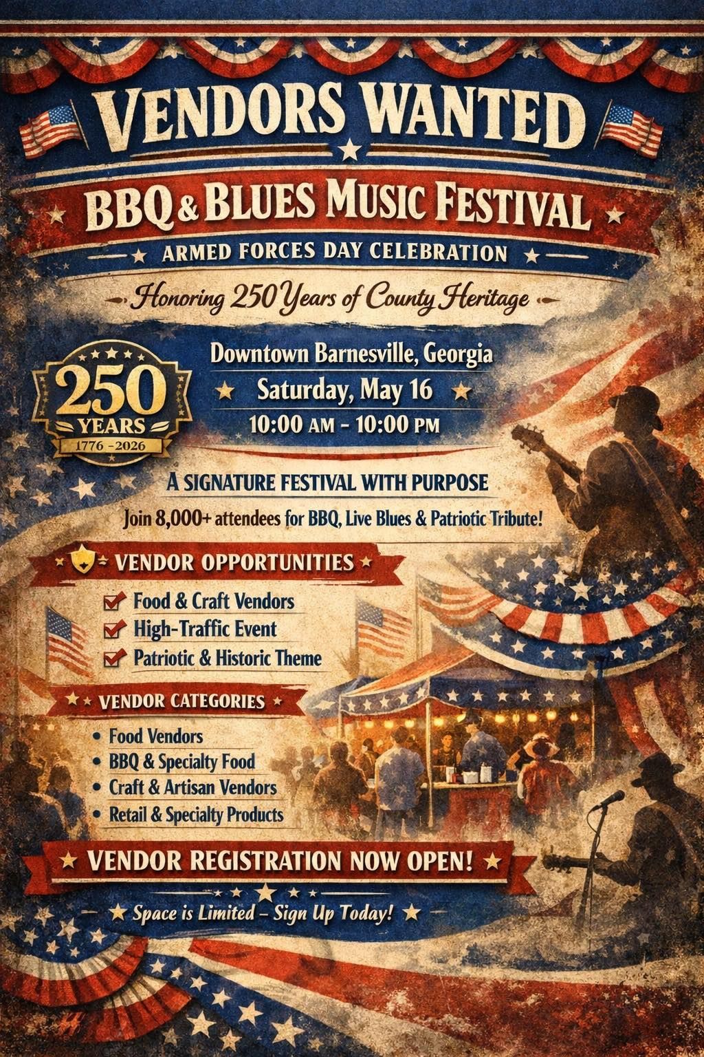 Vintage-style poster for a BBQ and blues music festival seeking vendors, with patriotic red, white, and blue graphics