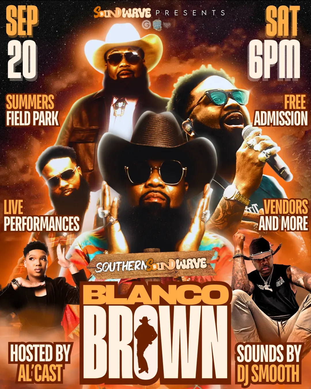 Blanco Brown concert flyer with performers, Aug 20 at Summers Field Park, free admission, vendors, live performances