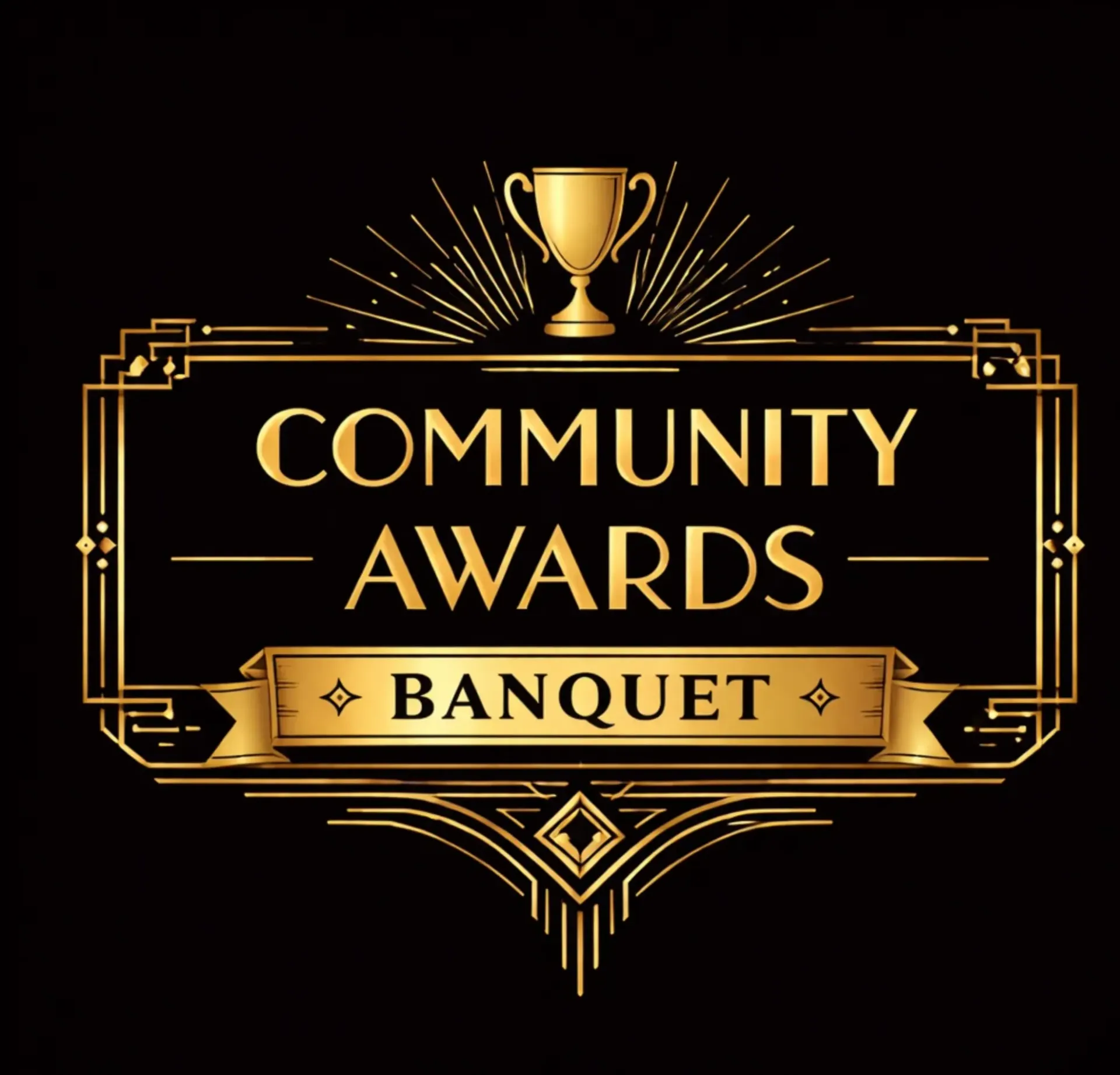 Gold Community Awards Banquet emblem on a black background with a trophy icon.