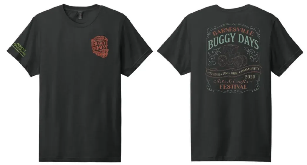 Black T-shirt shown front and back, with red chest logo and multicolor 
