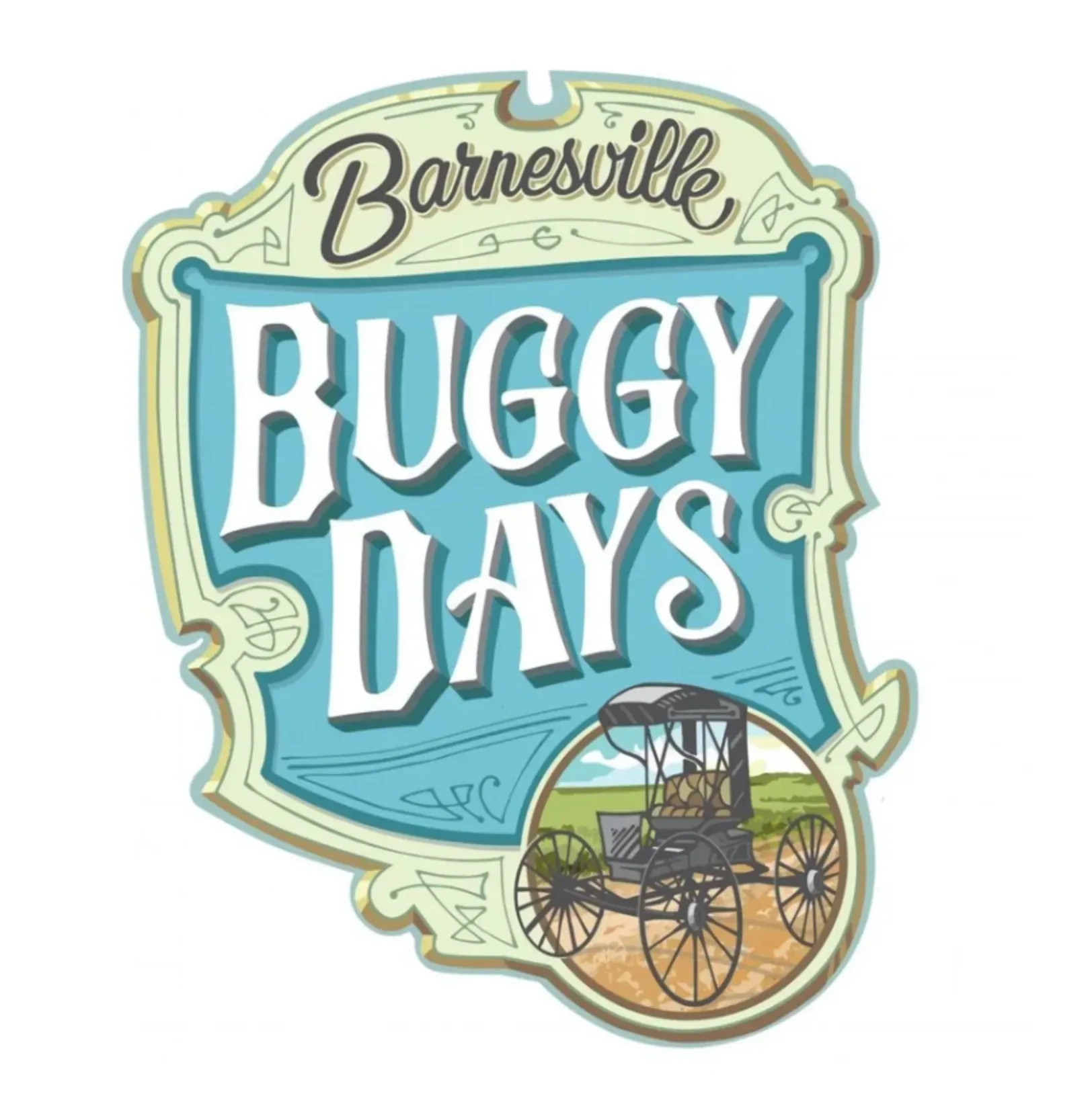 Barnesville Buggy Days logo with teal lettering and a vintage horse-drawn buggy illustration