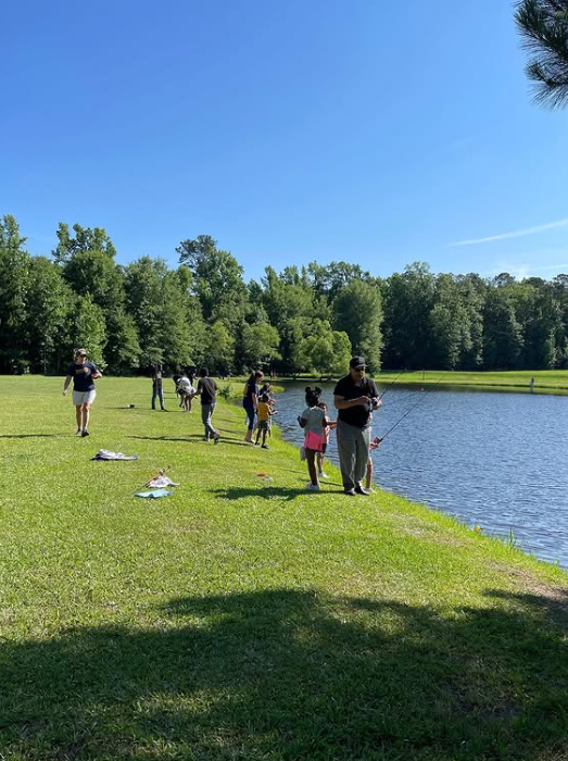 People walking and standing by a sunny lakeside lawn with trees and blue sky.