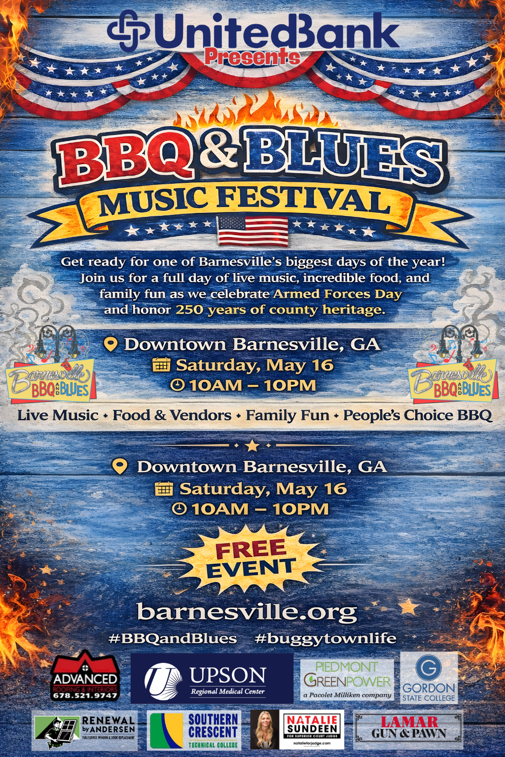 Vintage-style poster for a BBQ and blues music festival seeking vendors, with patriotic red, white, and blue graphics