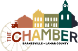 Barnesville-Lamar County Chamber logo with stylized buildings in rust, gold, and green