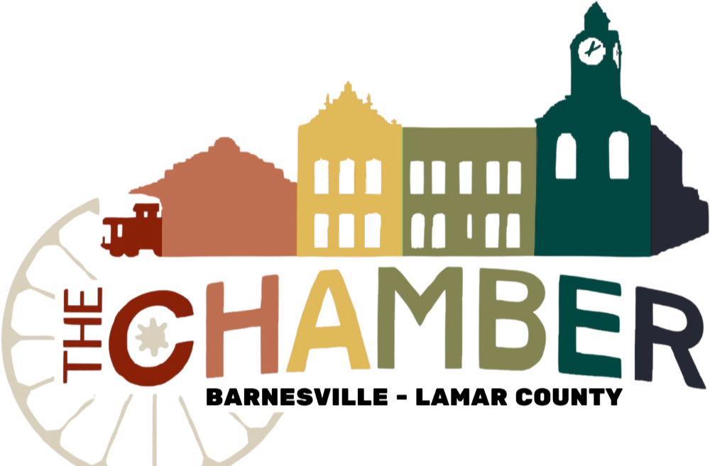 Barnesville-Lamar County Chamber logo with stylized buildings in rust, gold, and green
