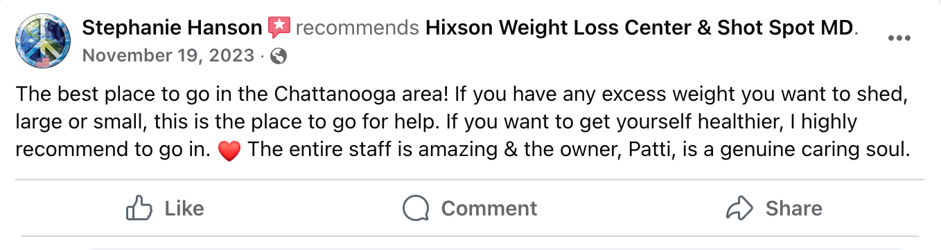 A facebook review of a weight loss center and shot spot md