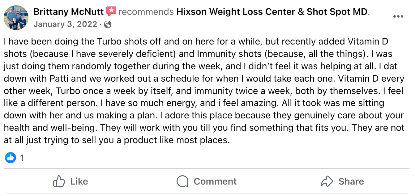 A facebook post from brittany mcnutt about her weight loss center and shot spot md.
