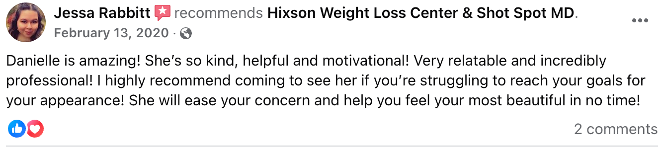 A facebook review of a weight loss center with a picture of a woman.