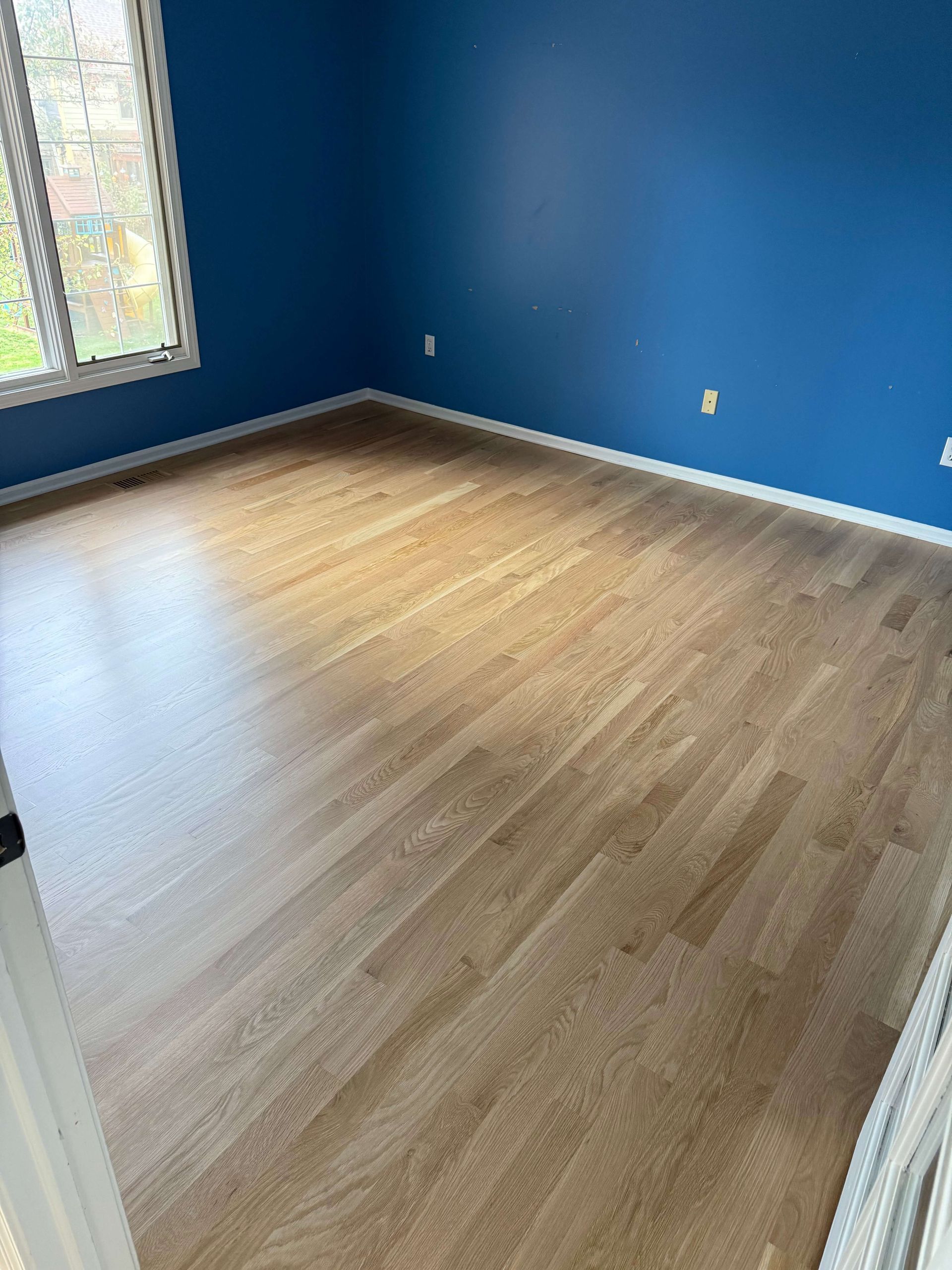 Room with blue walls, wood floor, and a window on the left.