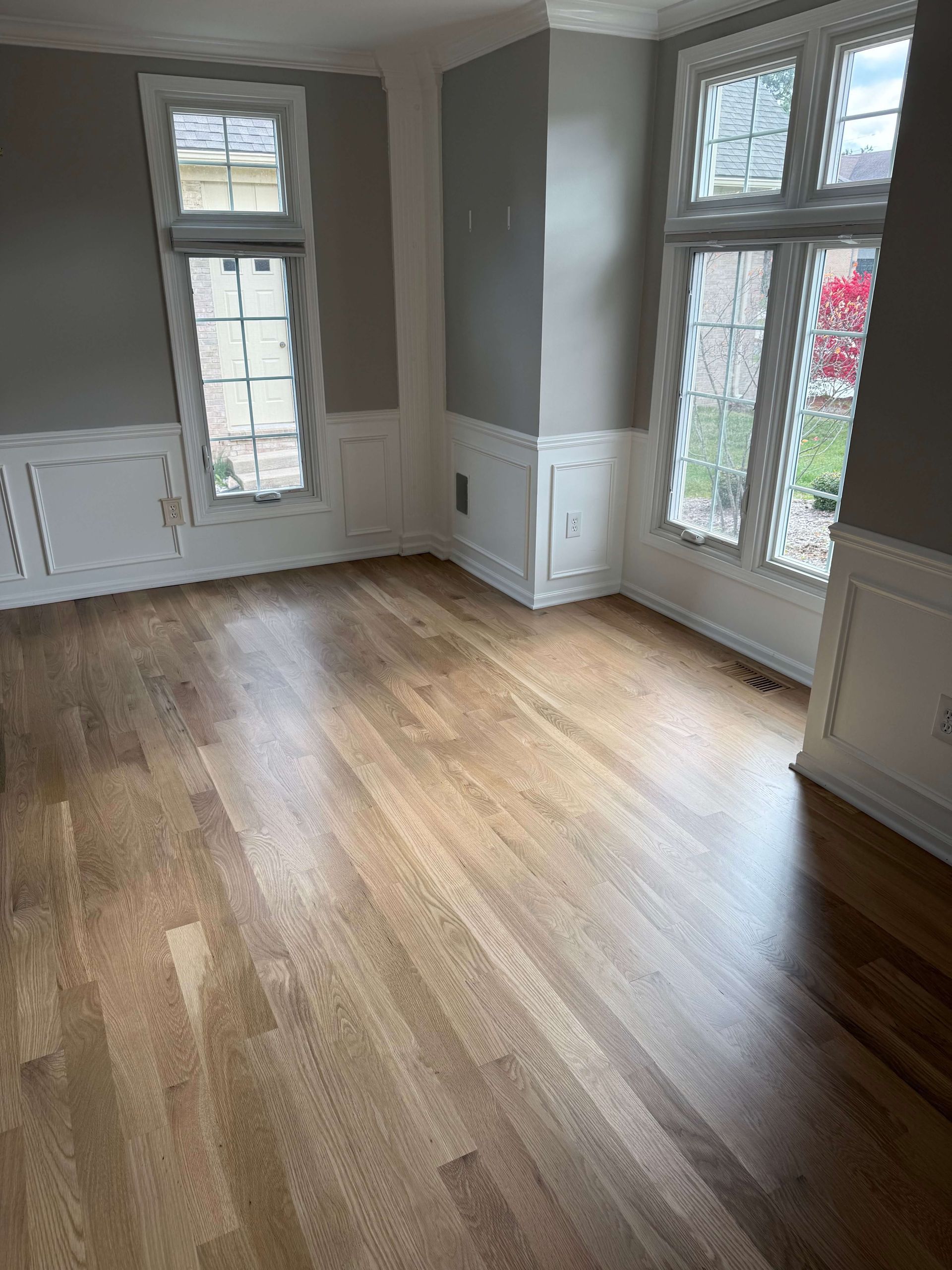 Sunlit room with hardwood floors and tall windows, showing white trim and wainscoting