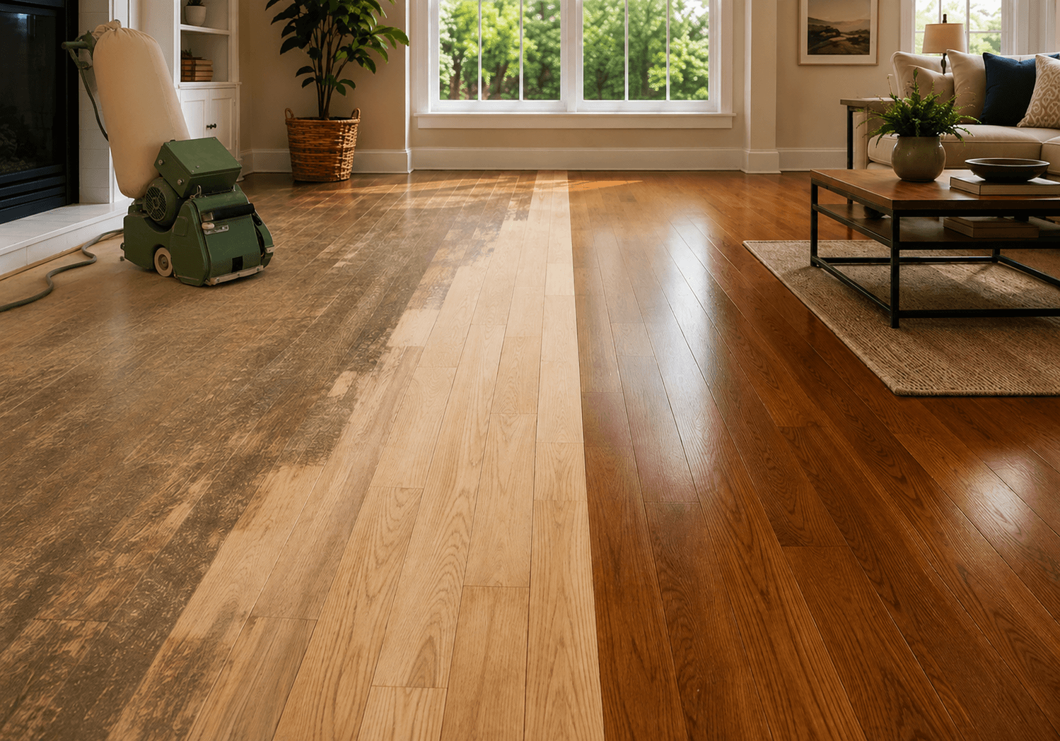 Interior with a hardwood floor being refinished, showing a sanded strip in a bright living room.