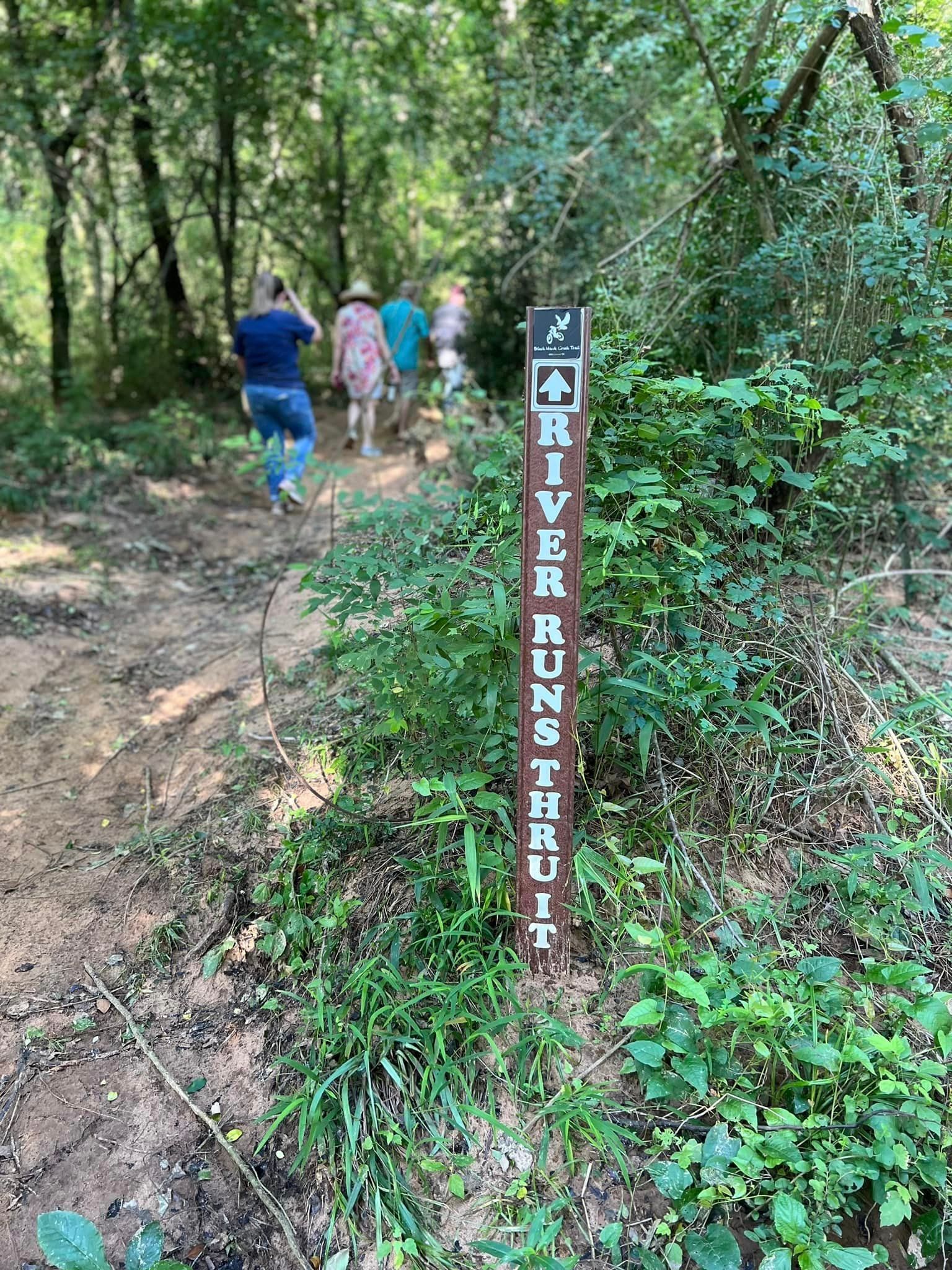 A group of people are walking down a trail in the woods.