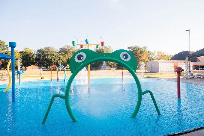 A water park with a frog shaped sprinkler in the middle of it.