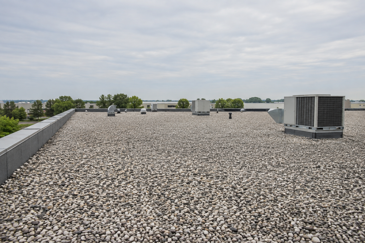 Illustrative view of a gravel-ballasted commercial roof with rooftop mechanical equipment.