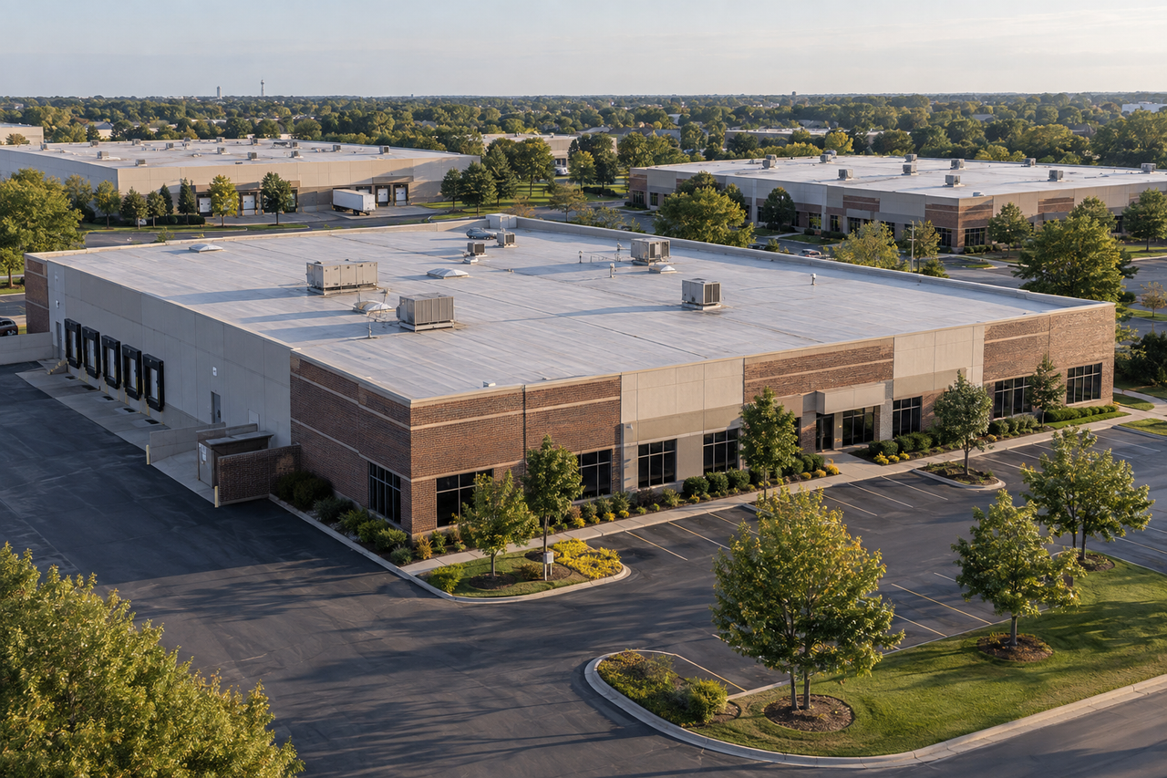 Illustrative aerial view of commercial buildings with low-slope roofs in a business park.