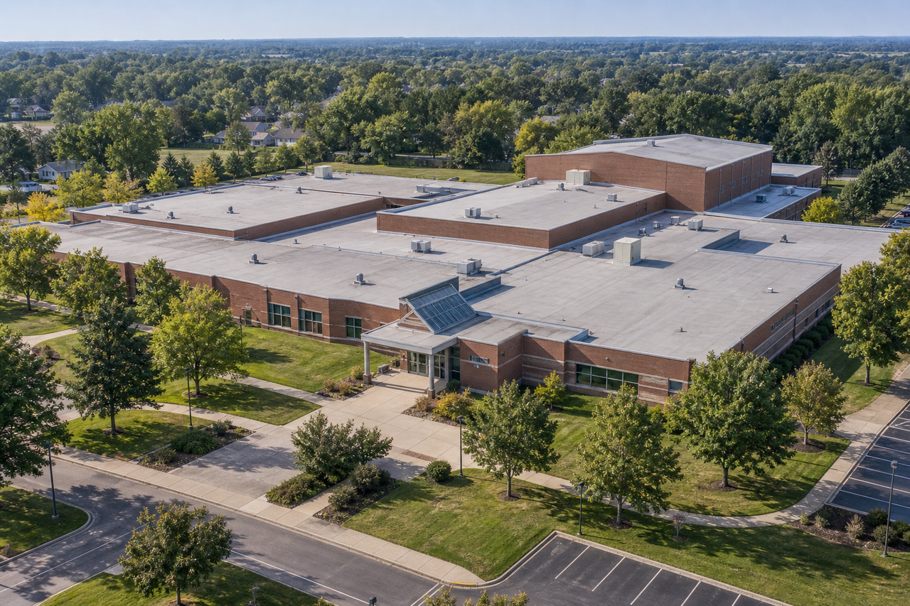 Illustrative aerial view of a school campus with expansive low-slope roofs.