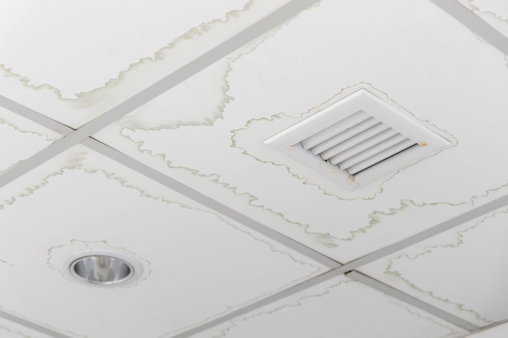 White ceiling tiles with decorative trim, a vent, and a recessed light fixture