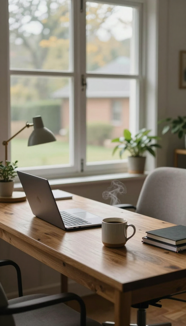 Sunlit home office desk with open laptop, coffee cup, potted plant, and chair by a window