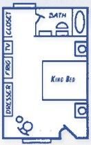 A blue and white floor plan of a bedroom with a king bed and a bathroom.