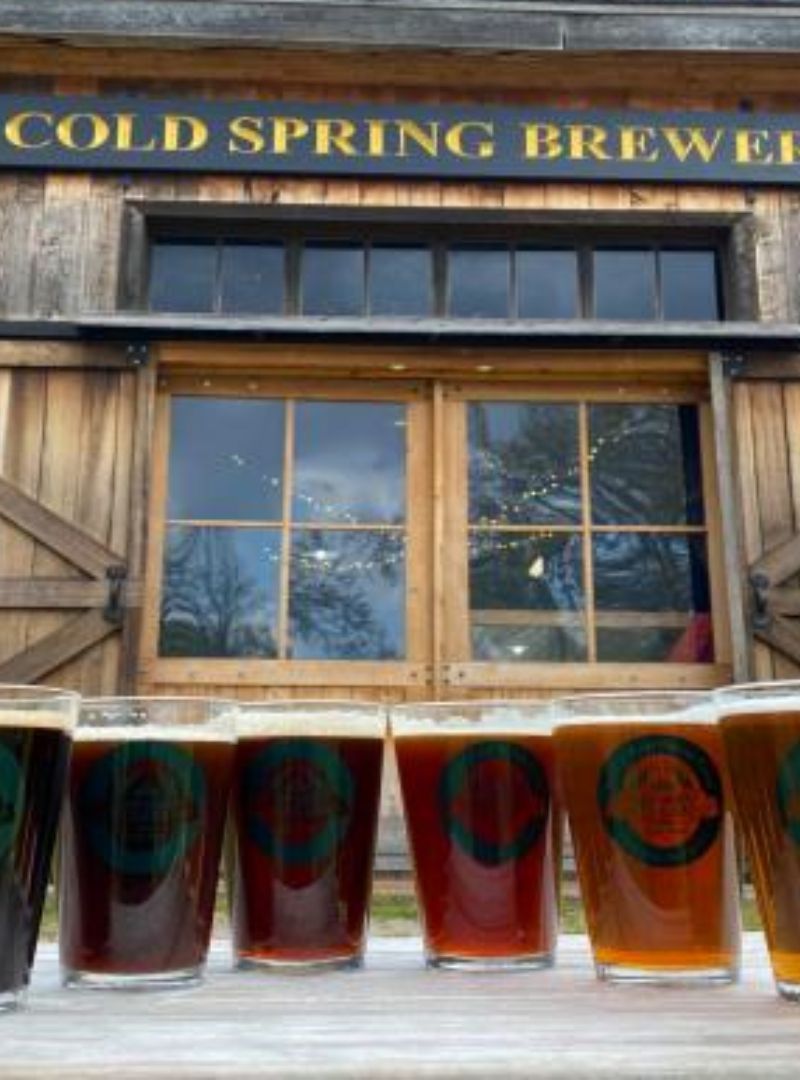 Several glasses of beer are lined up in front of the cold spring brewing company