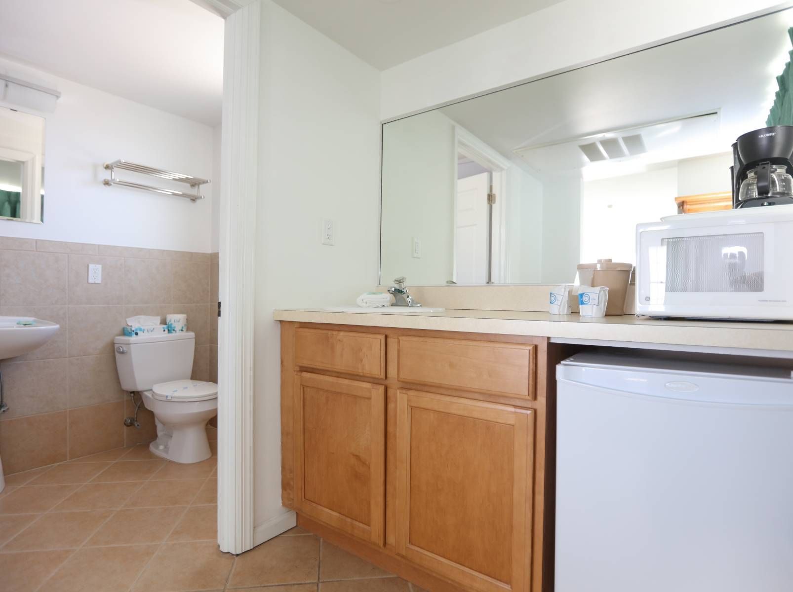 A bathroom with a sink , toilet , microwave and refrigerator