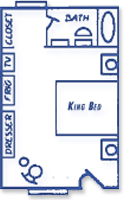 A blue and white floor plan of a bedroom with a king bed.