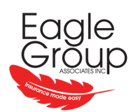 Logo for Eagle Group Associates Inc: black text, red feather with