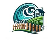 A house with a fence and a wave in the background.
