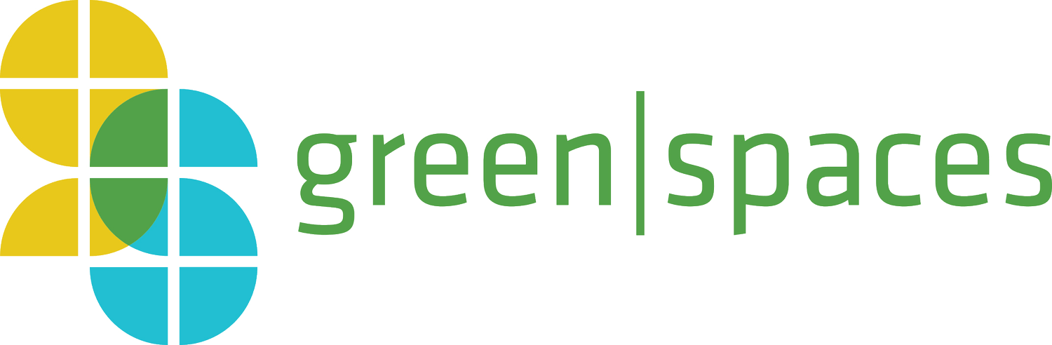 Green|spaces logo with a stylized yellow, green, and blue circular grid icon