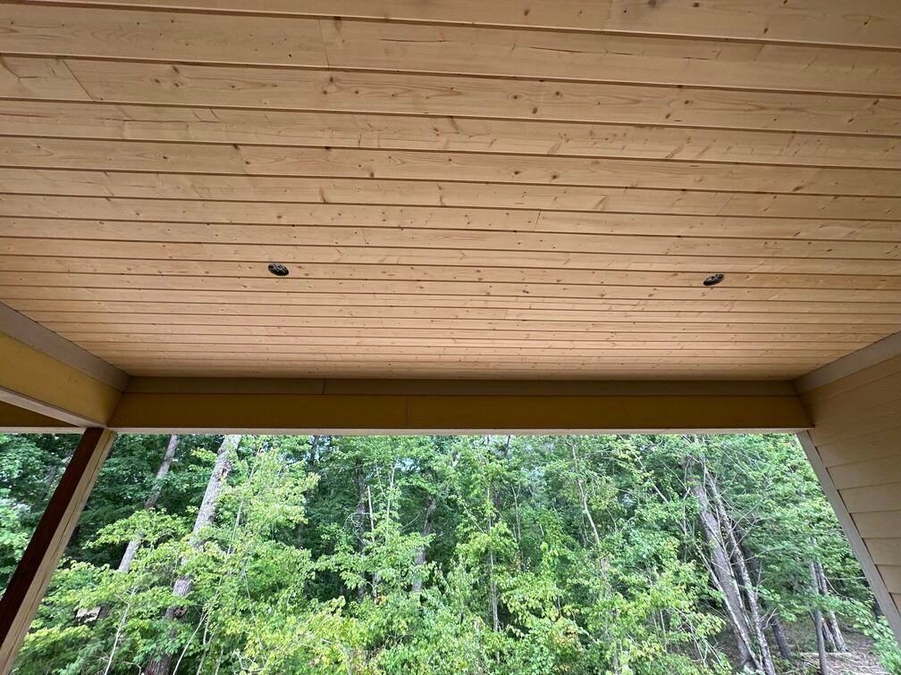 Wooden porch ceiling overlooking green forest trees with slanted beams.