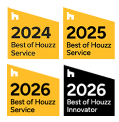 Four Houzz award badges: 2024, 2025, 2026 Best of Houzz Service, and 2026 Best of Houzz Innovator
