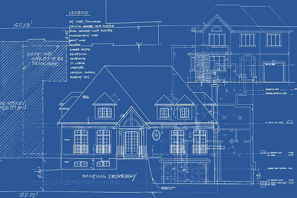 Blue architectural blueprint of a house with front and side elevation sketches and measurements
