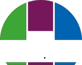 Abstract logo with green, purple, and blue blocks around a white center