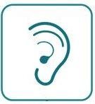 Icono de oreja color turquesa sobre un fondo cuadrado redondeado blanco.
