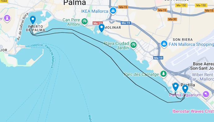 Mapa con una ruta marcada en negro, que comienza en Puerto de Palma, Mallorca y sigue la costa hasta Cala Figuera.