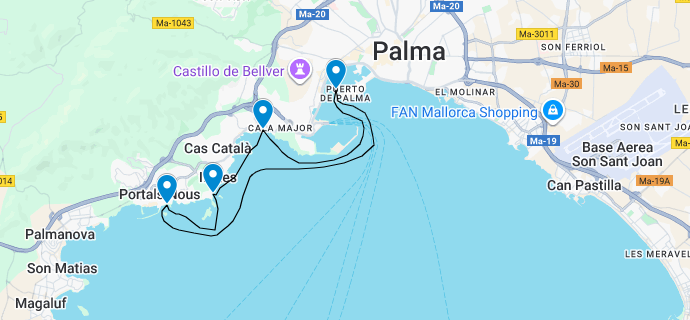 Mapa de Palma, España, que muestra una ruta con varias paradas a lo largo de la costa.