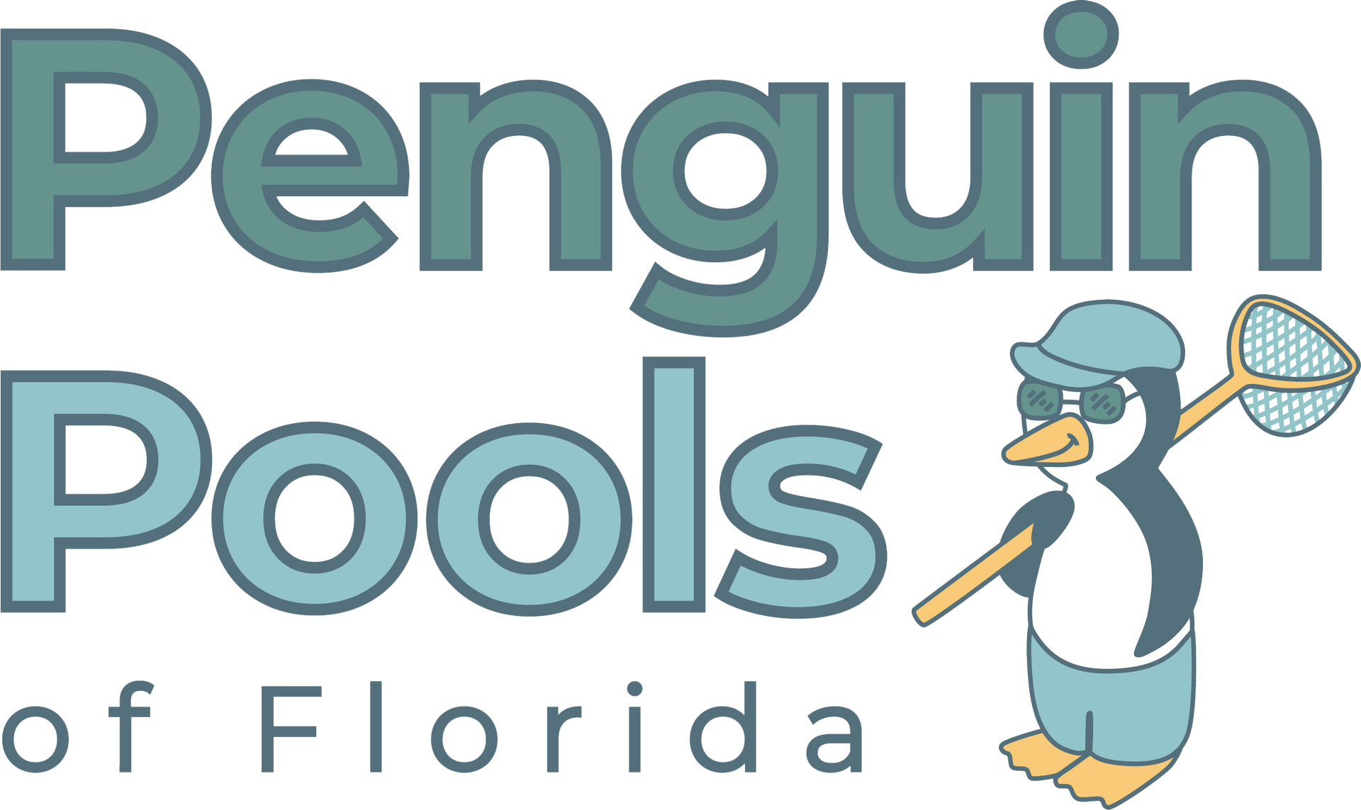 The logo for penguin pools shows a penguin holding a fishing net.
