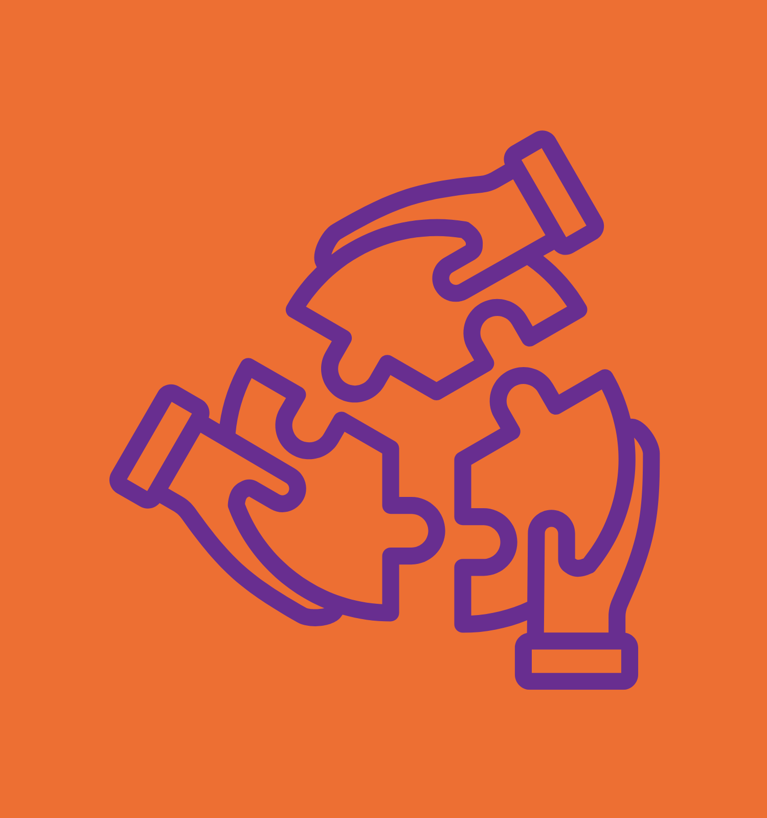 Un dessin au trait de deux mains tenant des pièces de puzzle sur un fond orange.