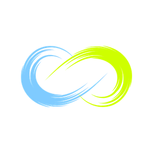 A stylized infinity symbol made of sweeping, textured brushstrokes in light blue and lime green against a white background.