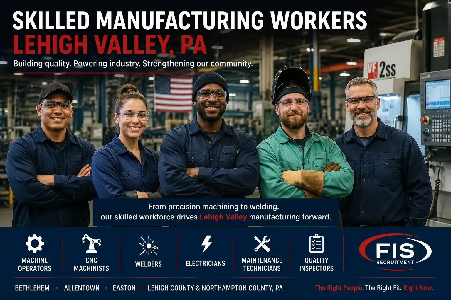 Team of skilled manufacturing workers including machine operators, CNC machinists, welders, and quality inspectors placed by FIS Recruitment across the Lehigh Valley, PA