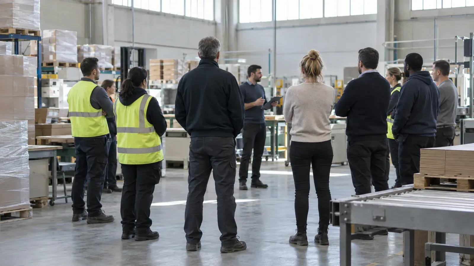 Mixed team of warehouse and office staff at a shift briefing on a production floor